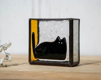 Fused glass Black Cat decor,  Stained glass small vase, Cute gift for cat lovers
