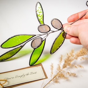 Stained Glass Olive Leaf, branch suncatcher, Olive decor