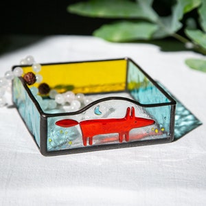 Fox lovers gift, Fox ornament, Stain glass trinket tray, Fused glass fox