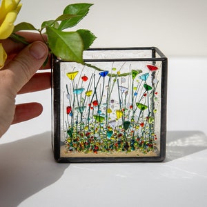 Gorgeous Fused Glass Vase - Colorful Wildflower Design - Small Stained Glass Art