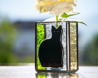 Fused glass black cat, Stained glass Unique Vase