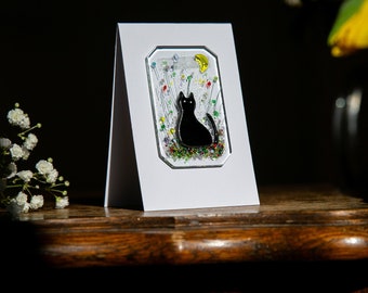 Fused glass art,  Black Cat Card, Any Occasion, Card for Cat Lovers, Gift for Cat Owner