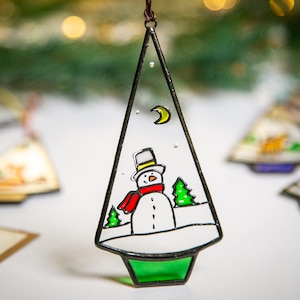Snowman ornaments, Christmas decor, Stained glass tree, Pre-Order
