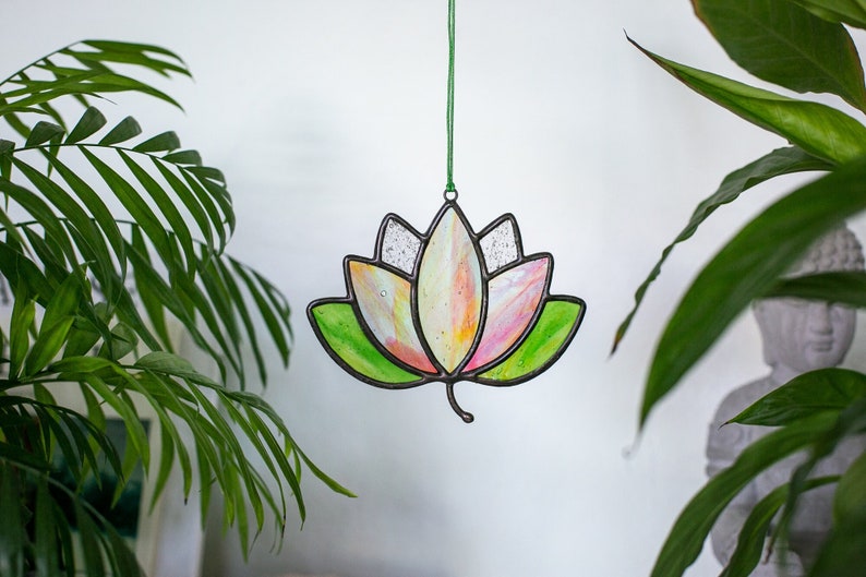 Stained Glass Lotus Suncatcher, Window hanging decor 