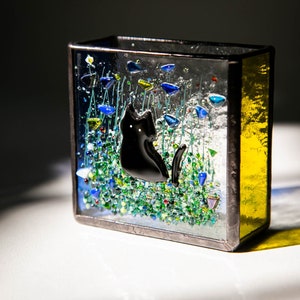Stained Glass Cat Vase – Handmade Black Cat Gift, Pet Remembrance Keepsake for Cat Lovers
