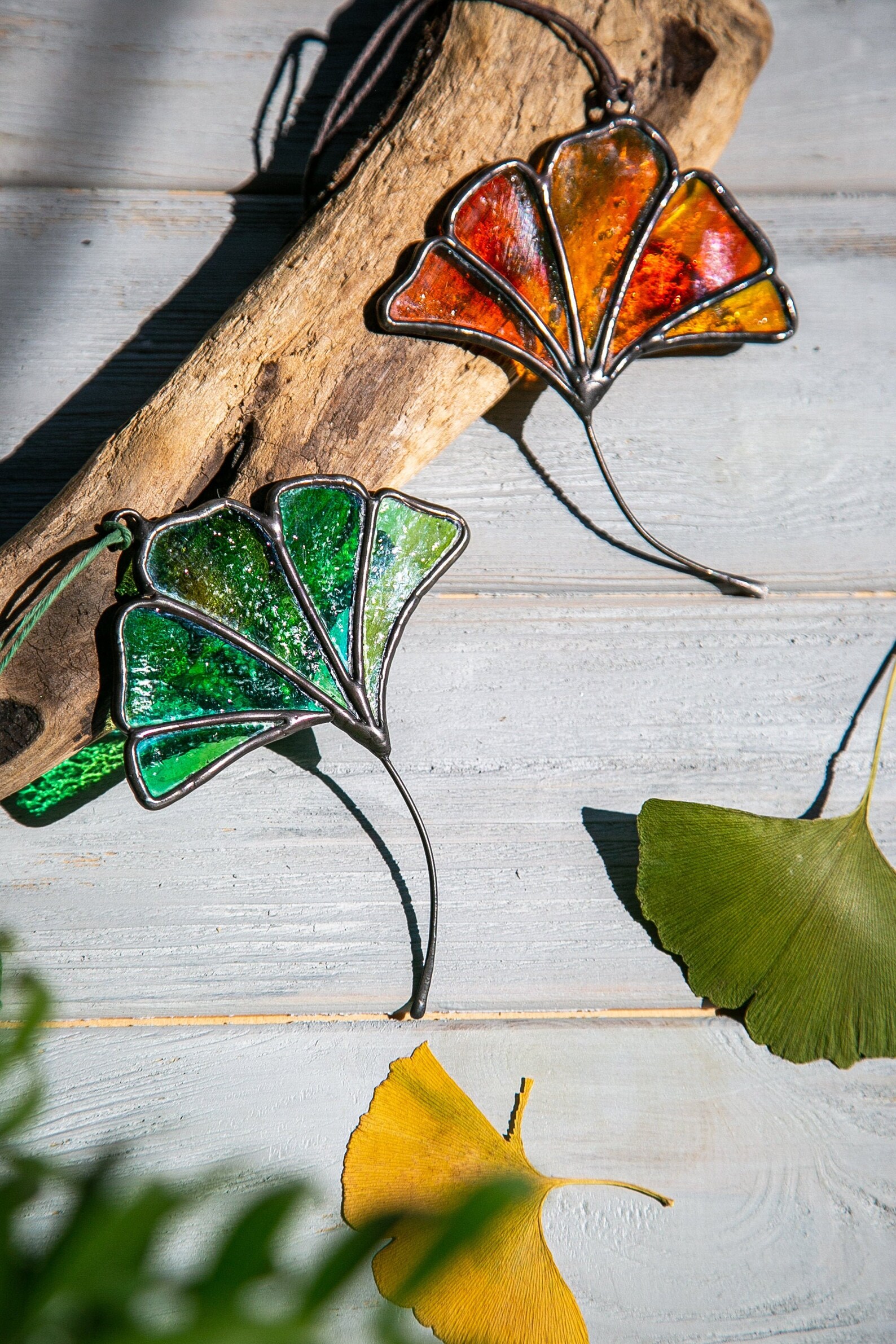 Stained Glass Gingko Leaf Ginkgo Sun Catcher Window Hanging Etsy
