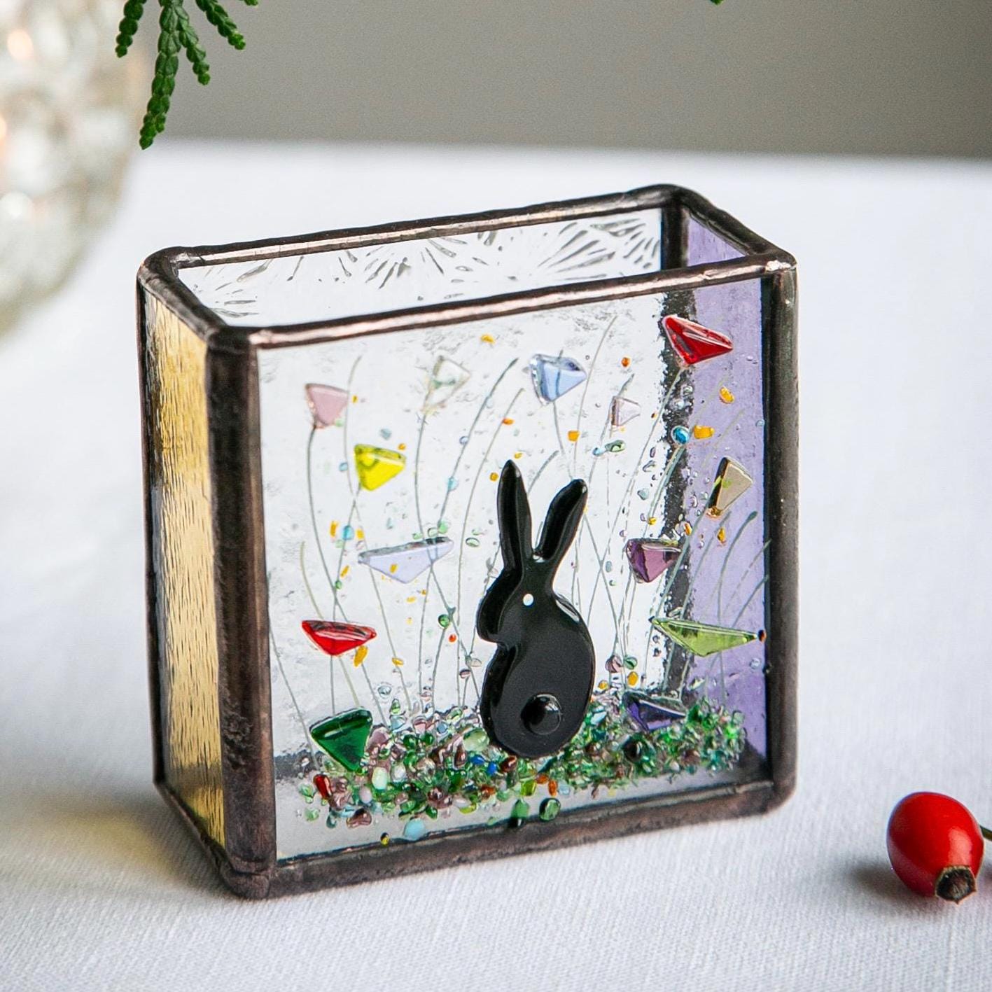 Fused Glass Rabit Handmade Fused Glass Art Object – Black Rabbit Floral Composition - Etsy