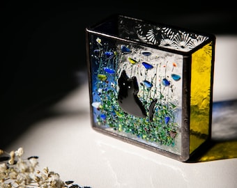 Gift for Cat, Fused glass art, Small Vase