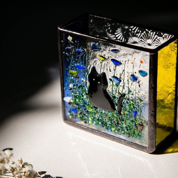 Gift for Cat, Fused glass art, Small Vase