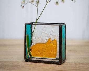 Orange Cat Stained Glass Vase, Ginger Cat Memorial Gift & Pet Keepsake