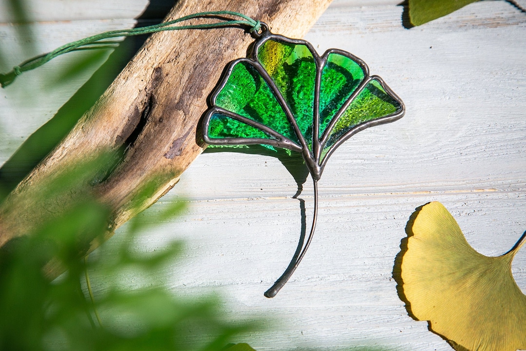 Stained Glass Gingko Leaf Ginkgo Sun Catcher Window Hanging Etsy