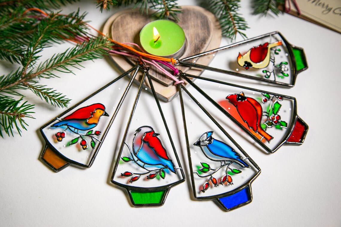 Christmas birds ornaments Stained glass tree North American Etsy