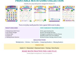 May include: A printable math game collection by GGracePrintables featuring five colorful educational worksheets for grades 2-4. The set includes Multiplication Roll & Cover, Fact Family Triangles, Division Dash, Compare It, and Missing Number Detective.