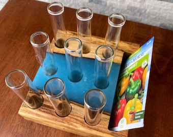 Plant Propagation, Spalted Maple Wood and Coral Blue Epoxy, 9 Glass Tubes with Caps Included