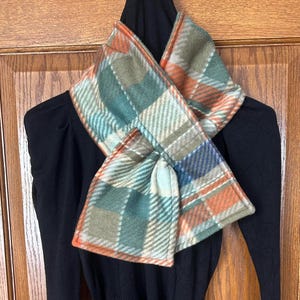 Keyhole Fleece Scarf | Green & Orange Plaid Pull through Scarf | Reversible For Women and Men