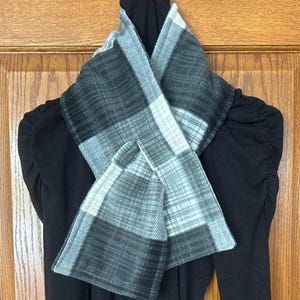 Keyhole Fleece Scarf | Black & Gray Plaid Pull through Scarf | Reversible For Women and Men