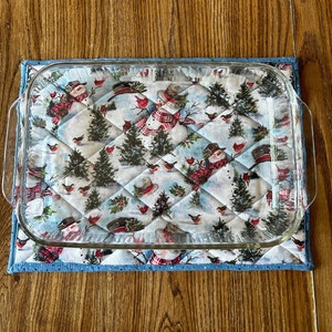 Snowmen Extra Large 16 X 12 Handmade Quilted Casserole Hot Pad, Reversible and Washable
