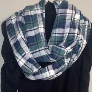 Infinity Flannel Scarf | Double Loop Scarf Green & Navy Tartan Plaid