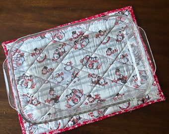 Extra Large 16 X 12 Handmade Quilted Casserole Hot Pad, Reversible and Washable, Penguins & Snowmen