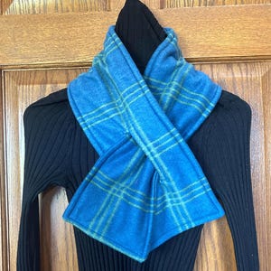 Keyhole Fleece Scarf | Blue & Green Plaid Pull through Scarf | Reversible For Women and Men