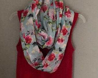 Floral Voile Cotton Infinity Scarf/Double Loop Infinity Scarf/Green and Red