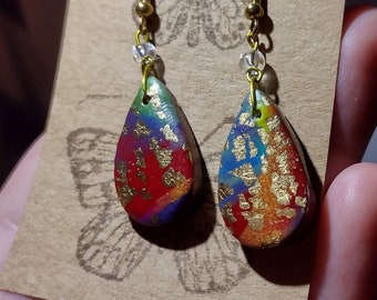 Polymer Clay Earrings- Polymer Clay, Beads, rainbow, glass beads, gift for Sister, friend gift, handmade, pride, gold