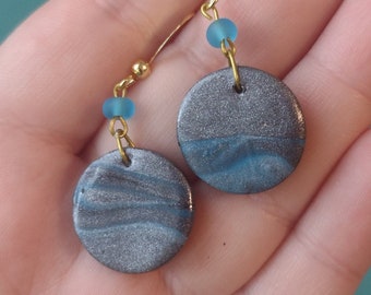 Polymer Clay Earrings- Polymer Clay, Beads, gray, glass beads, gift for Sister, friend gift, handmade, ocean, shimmer, gold