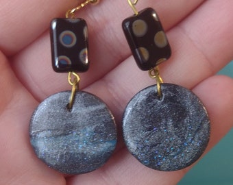 Polymer Clay Earrings- Polymer Clay, Beads, shimmer, gray, blue, glass beads, gift for Sister, friend gift, handmade