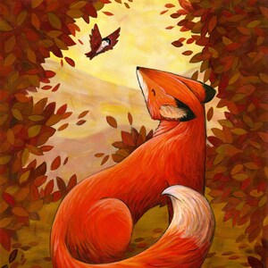 Fox's Autumn Farewell- Fox, outono, outono, impressão artística, pôster, ilustração, pássaro, arte da natureza, floresta, folhas, amigos, animais, berçário, fofo