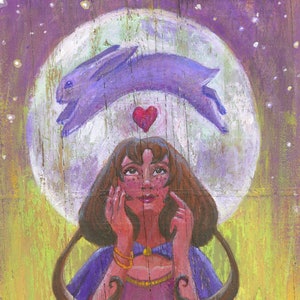 A Rabbit in the Moon- Art Print, folktales, love, valentines, moon, animal art, illustration, fantasy art, witch, rabbit, magic, saying, art