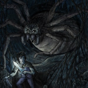 May include: A dark, shadowy illustration of a large spider with a human-like face, facing a small figure holding a sword. The scene is set in a dark, web-filled cave.