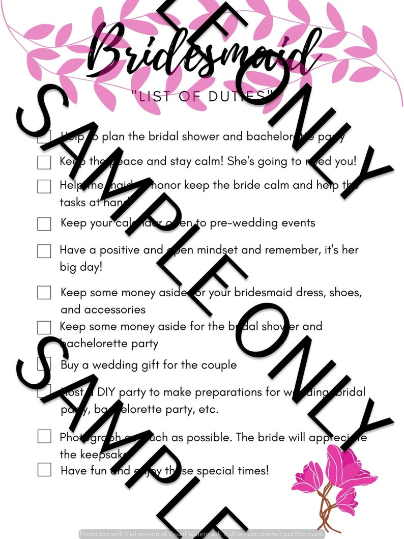 Bridal Party List of Duties/Checklist Pink Theme Etsy