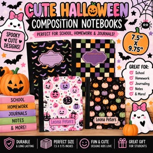 May include: Four composition notebooks with Halloween themes, including bats, checkered patterns, and pumpkins. The notebooks measure 7.5" x 9.75". Text includes "CUTE HALLOWEEN COMPOSITION NOTEBOOKS", "Leona Peters", and "SCHOOL, HOMEWORK & JOURNALS".