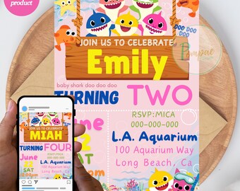 Invitación de cumpleaños para niña, Cumpleaños bajo el mar, Tarjeta de cumpleaños móvil, Invitación a fiesta de cumpleaños, Plantillas digitales, Anuncio de cumpleaños