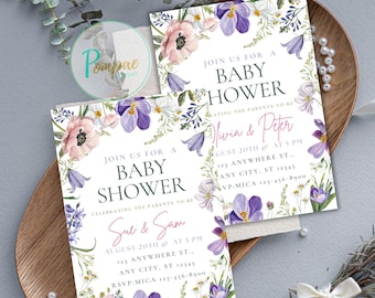 Invito per baby shower con fiori di campo, invito elettronico, annuncio per baby shower, invito per baby shower per bambine, modello digitale modificabile, baby shower viola