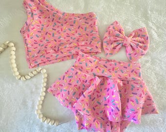 Donut Sprinkle Birthday Outfit, Sprinkle High Waisted Skirted Bummies, Toddler Crop Top, Sweet One, Two Sweet, Half Birthday, Birthday Gift