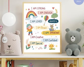 Afirmaciones para niños, póster para habitación infantil, arte mural con afirmaciones diarias, decoración de pared para niños pequeños, arte mural para guardería, regalo para bebé, salud mental infantil
