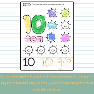 May include: A children's worksheet for learning the number 10. The number 10 is written in yellow and green, with the word "ten" in pink. Ten smiling suns and a tracing exercise are included. The text says "Color, count and trace the number 10."