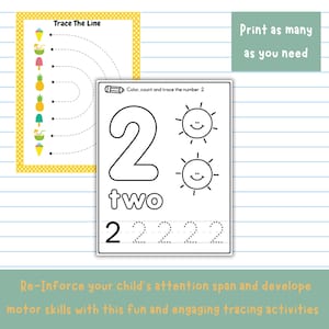 May include: Educational tracing worksheets for children. One worksheet features the text "Trace The Line" with dotted lines and summer-themed images. The other worksheet has the number "2" with the word "two" and smiling suns. The text "Print as many as you need" is also visible.