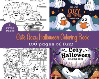 May include: A "Cute Cozy Halloween Coloring Book" with 100 pages of fun. The cover art features ghosts in various cozy scenes, including reading, relaxing, and enjoying coffee. The book's title is displayed in a purple banner.
