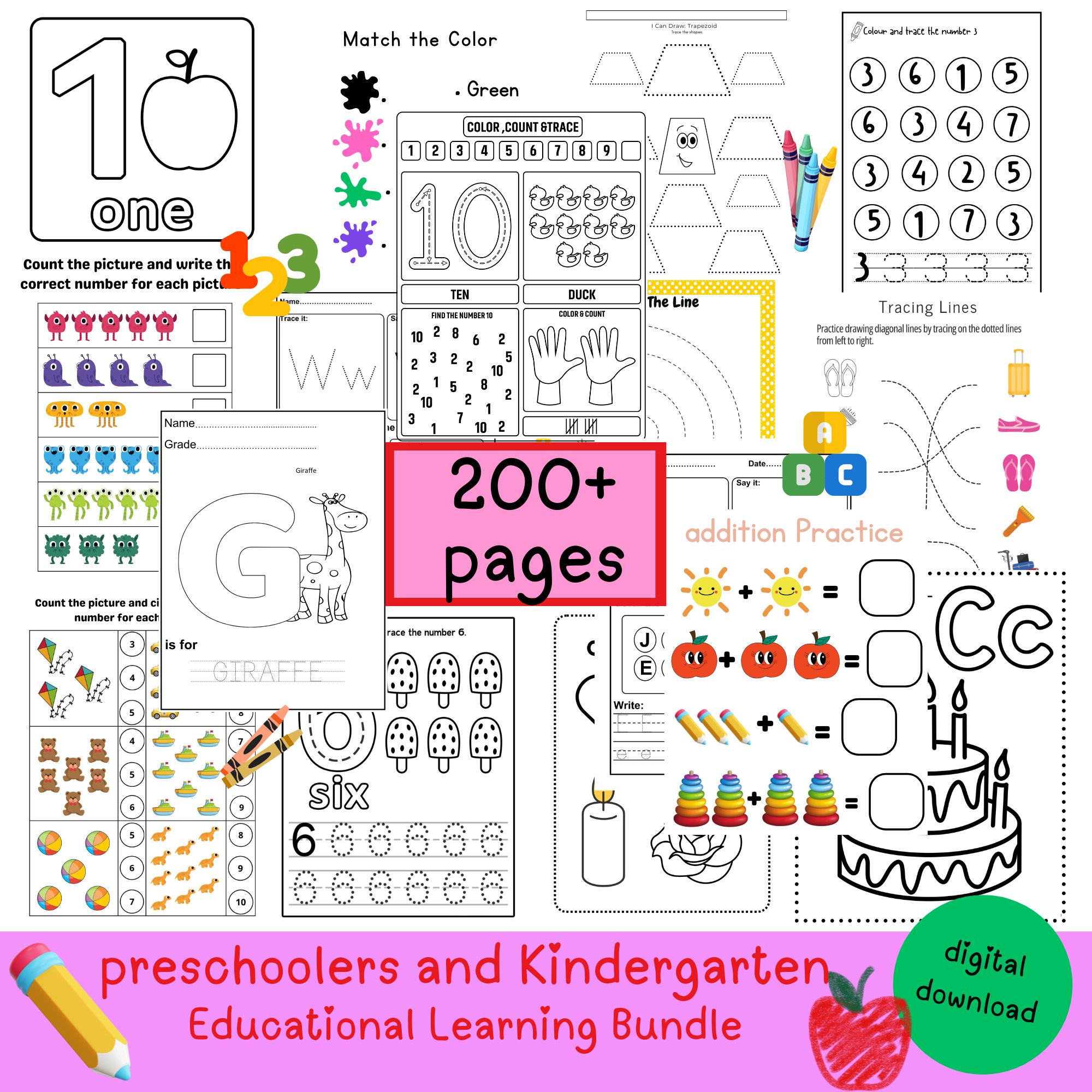 Prek Learning Preschool + Kindergarten Learning Bundle, Printable Activity Worksheets ...