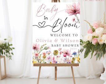 Baby in Bloom Welcome Sign, Wildflower Baby Shower Sign, Girl Floral Baby in Bloom Baby Shower, Editable Baby Shower Welcome Template, Signs