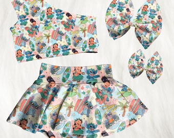 Stitch Inspired Outfit, Disney Vacation Outfit, Bummie & Bow, Lilo Outfit, Toddler Disney Outfit, Skirted Bummies, Summer Baby Bloomers