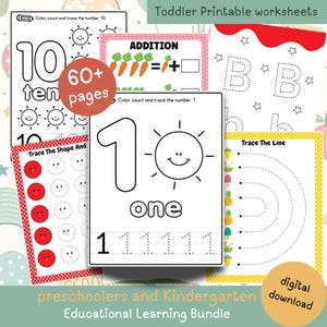 Może przedstawiać: Zestaw drukowanych kart pracy dla maluchów z tekstem "Toddler Printable worksheets" i "preschoolers and Kindergarten Educational Learning Bundle". Arkusze robocze obejmują ćwiczenia z zakresu śledzenia, liczenia i dodawania. Obraz zawiera również tekst "60+ pages" i "digital download".