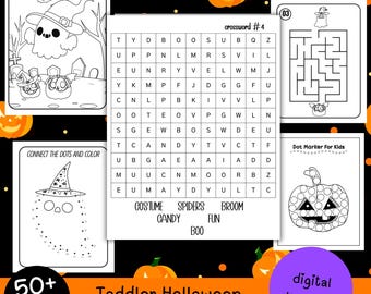 Könnte beinhalten: Halloween-Aktivitätsseiten für Kleinkinder, mit Punkt-zu-Punkt-Spielen, Labyrinthen, einem Kreuzworträtsel und Punktmarker-Aktivitäten. Das Produkt ist ein digitaler Download mit über 50 Seiten.