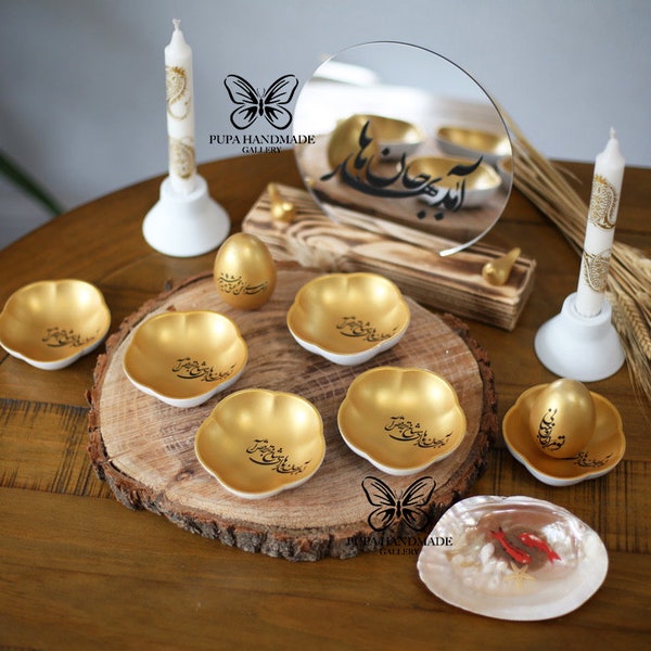 Gold Haft sin set, Persian New Year,Happy nowruz, haft seen ,Sofreh Haftseen,Persian Handmade made in uk