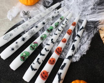 Halloween Taper Candles, Spider Pumpkin Bat Dinner Candles, Spooky Table Decor, Handmade Halloween Centrepiece, 8 Hour Burn