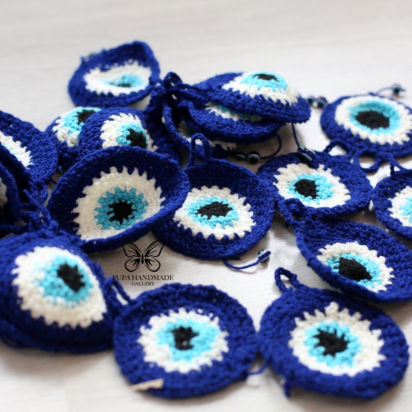 Small Crochet Lucky Eye, Evil Eye Tassel, Evil Eye Charm, Pram Charm, Home Decor, New Baby Gift, Baby Shower Gift, Mum to Be Gift