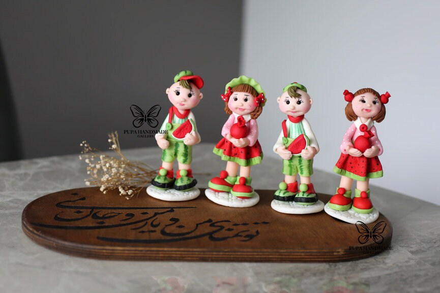 Yalda night, Yalda doll , Persian decoration, polymer clay Watermelon, pomegaranate girl doll, Boy watermelon doll,,Yalda gift,  شب یلدا