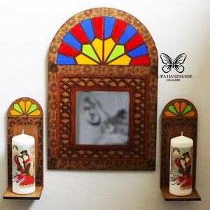 Haft sin mirror, Persian New Year, Handmade Persian Orsi Mirror, Candle Holder Set  Wall Mounted Wooden Decor, haft sin decoration, Nowruz